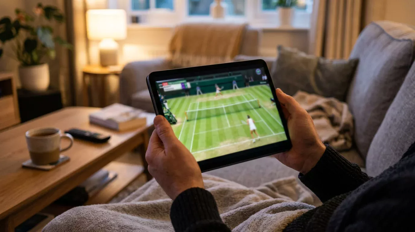 Aficionado siguiendo un partido de tenis en directo desde una tablet mientras observa la pista