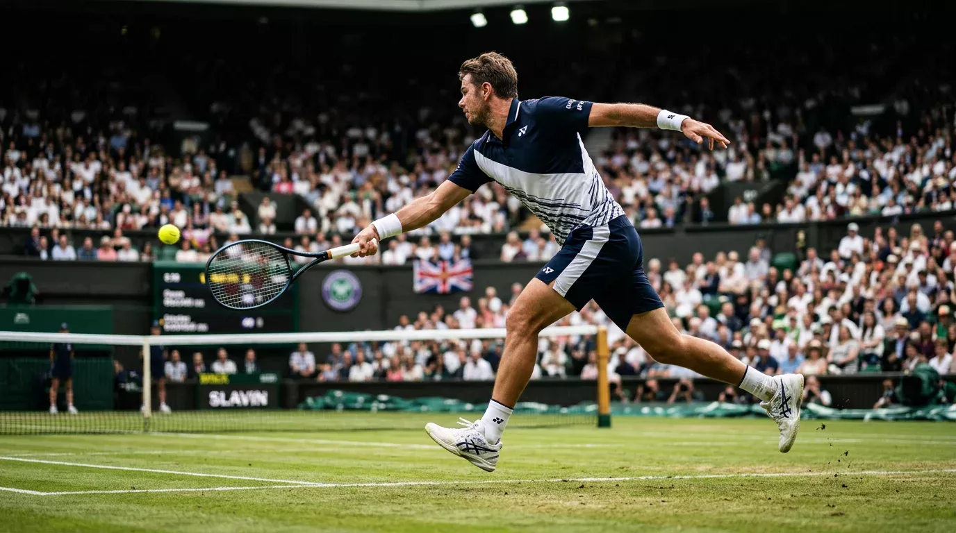 Jugadores de tenis profesionales compitiendo en pista de hierba con raquetas en mano
